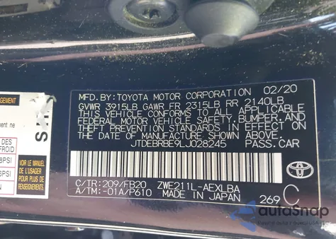 2020 Toyota Corolla Hybrid Le из США, поврежденный, VIN JTDEBRBE9LJ028245